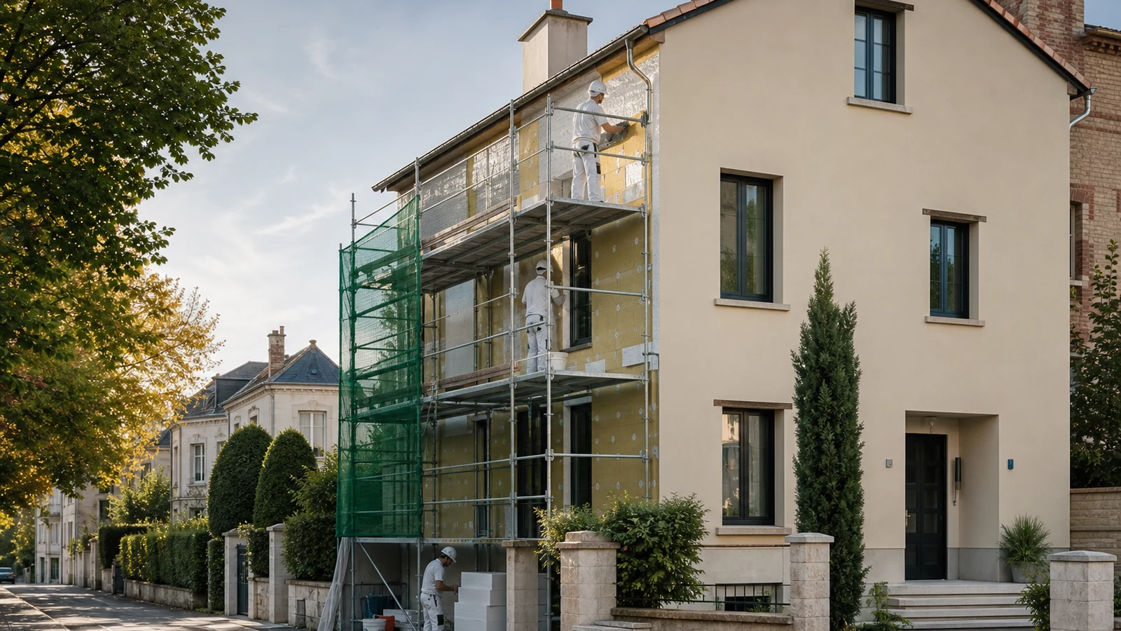 Chantier d’ITE sur une maison à Nancy Maison de Nancy en cours d’isolation extérieure avec façade partiellement achevée