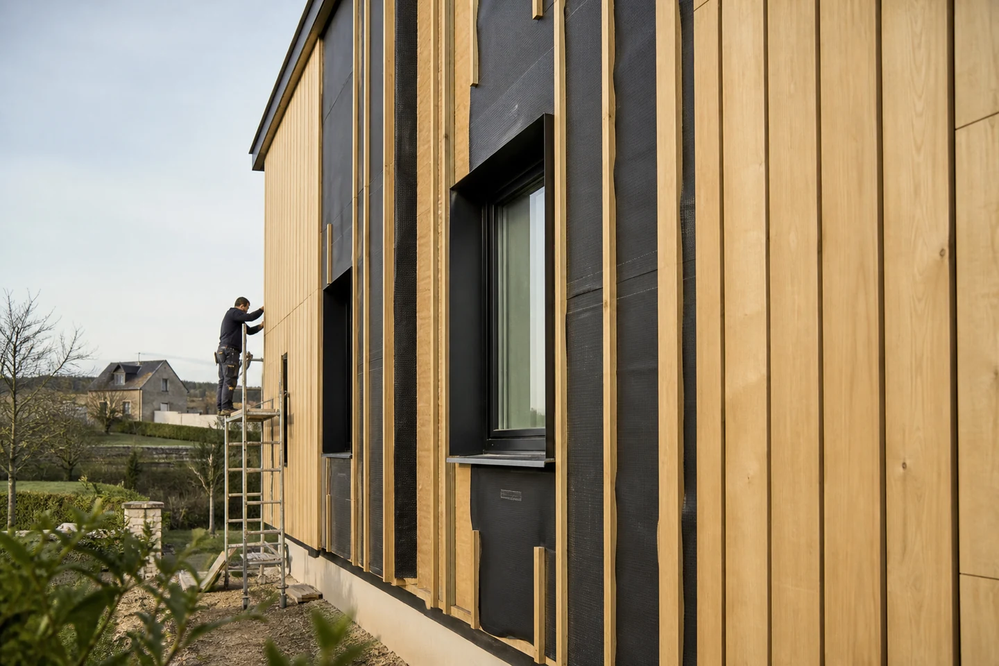 Ossature d’une ITE sous bardage ventilé Pose d’une ossature ventilée et d’un bardage bois devant l’isolant extérieur