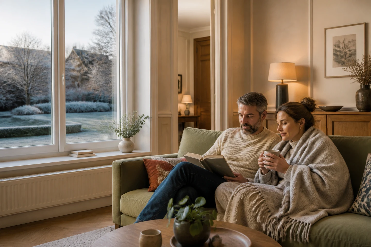 Confort intérieur après une ITE Pièce de vie confortable ouverte sur un jardin d’hiver après rénovation de l’enveloppe